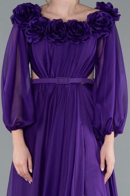 Purple Floral Boat Neck Long Sleeve Chiffon Prom Gown ABU4130