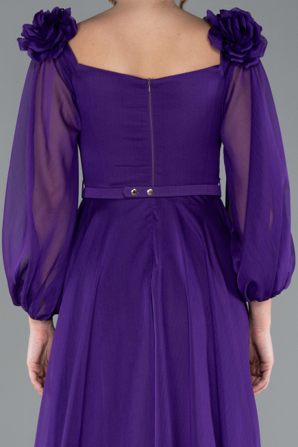 Purple Floral Boat Neck Long Sleeve Chiffon Prom Gown ABU4130