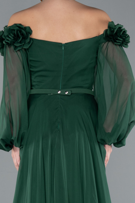 Emerald Green Floral Boat Neck Long Sleeve Chiffon Prom Gown ABU4130