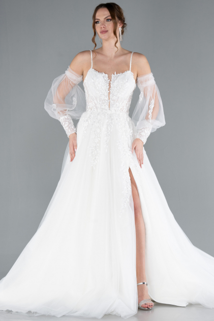 White Slit Laced Sleeve Accessories Long Wedding Dress ABG114