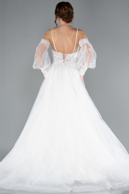 White Slit Laced Sleeve Accessories Long Wedding Dress ABG114