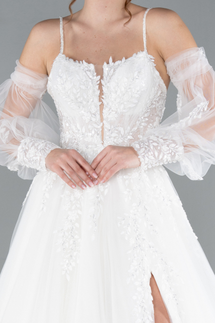 White Slit Laced Sleeve Accessories Long Wedding Dress ABG114