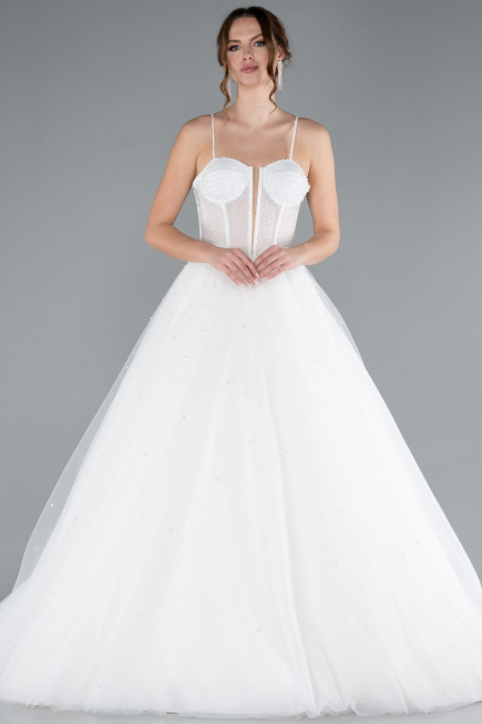 White Beaded Straps Long Ball Gown Wedding Dress ABG037
