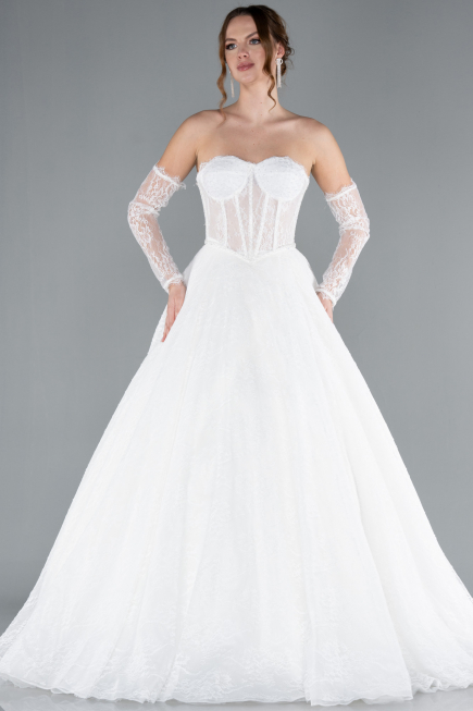 White Strapless Neckline Long Sleeve Lace Ball Gown Wedding Dress ABG038