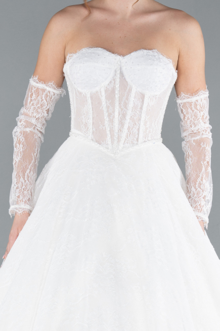 White Strapless Neckline Long Sleeve Lace Ball Gown Wedding Dress ABG038