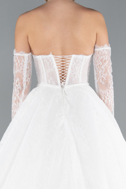 White Strapless Neckline Long Sleeve Lace Ball Gown Wedding Dress ABG038