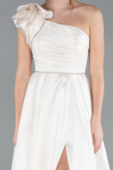 White One Shoulder High Slit Long Taffeta Prom Evening Dress ABU4782