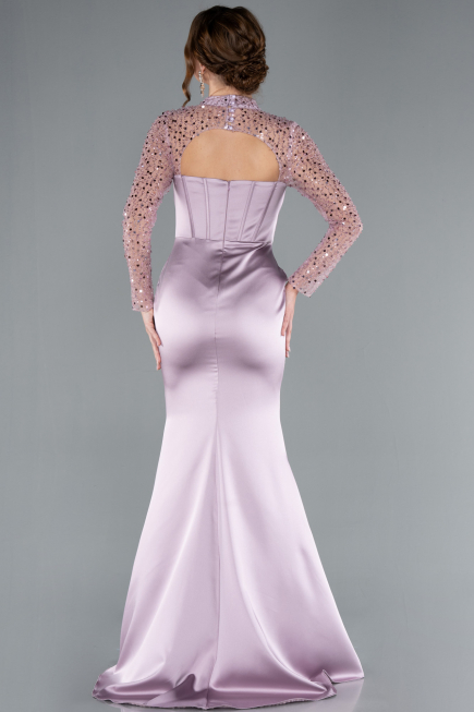 Light Lavender Long Sleeve Bustier Detailed Sequin Train Satin Evening Gown ABU4765