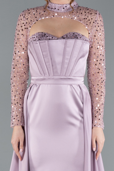 Light Lavender Long Sleeve Bustier Detailed Sequin Train Satin Evening Gown ABU4765