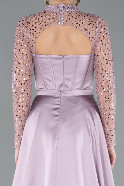 Light Lavender Long Sleeve Bustier Detailed Sequin Train Satin Evening Gown ABU4765
