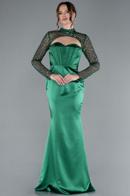 Emerald Green Long Sleeve Bustier Detailed Sequin Train Satin Evening Gown ABU4765