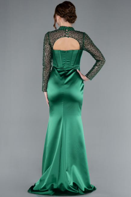 Emerald Green Long Sleeve Bustier Detailed Sequin Train Satin Evening Gown ABU4765