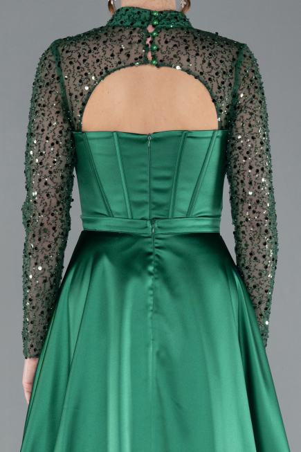 Emerald Green Long Sleeve Bustier Detailed Sequin Train Satin Evening Gown ABU4765