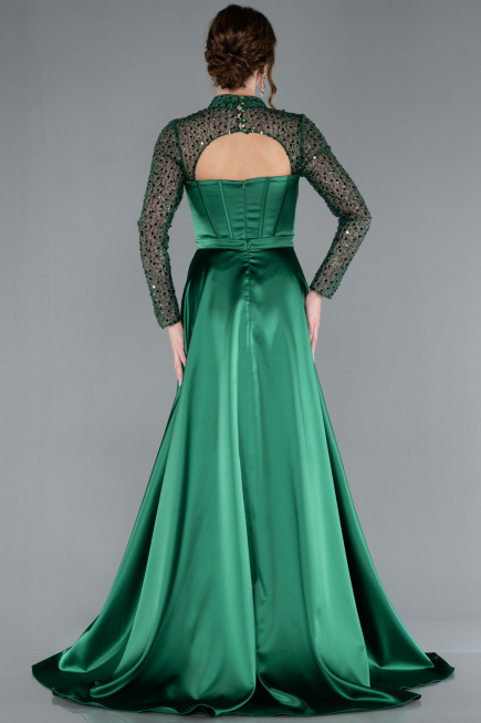 Emerald Green Long Sleeve Bustier Detailed Sequin Train Satin Evening Gown ABU4765