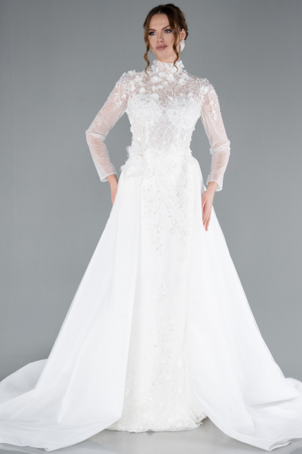 White Long Sleeve Guipure Silvery Tail Wedding Dress ABG115