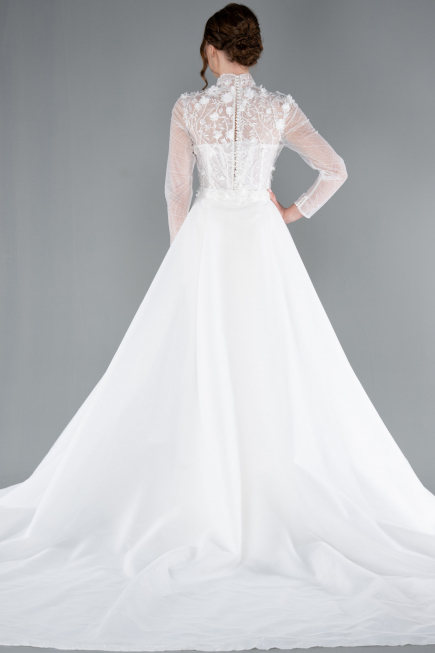 White Long Sleeve Guipure Silvery Tail Wedding Dress ABG115