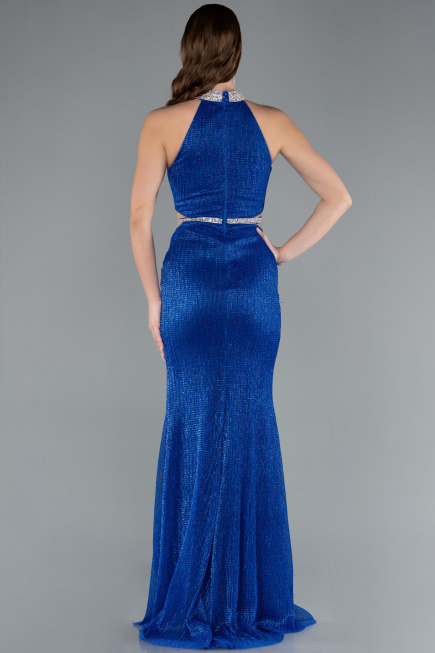 Sax Blue Halter Neck Slit Long Glitter Mermaid Evening Gown ABU4766
