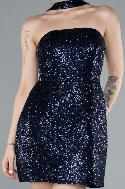 Navy Blue Halter Neck Mini Sequin Party Dress ABK2201