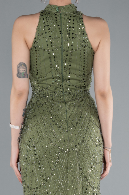 Olive Drab Halter Neck Long Beaded Mermaid Evening Gown ABU4791