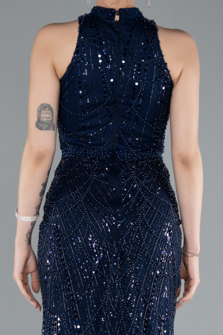 Navy Blue Halter Neck Long Beaded Mermaid Evening Gown ABU4791
