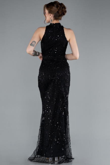 Black Halter Neck Long Beaded Mermaid Evening Gown ABU4791
