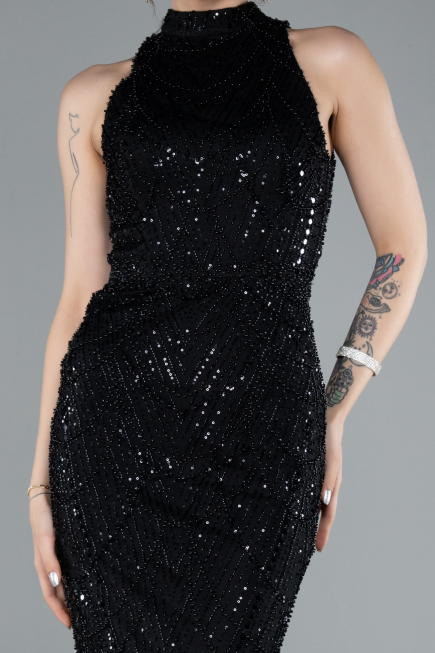 Black Halter Neck Long Beaded Mermaid Evening Gown ABU4791