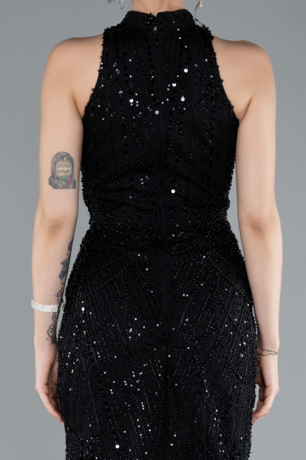 Black Halter Neck Long Beaded Mermaid Evening Gown ABU4791