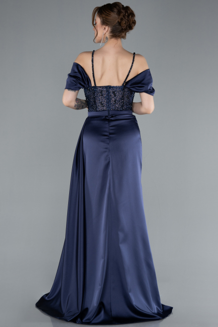Navy Blue Glittery Underwire Slit Long Satin Evening Gown ABU4801