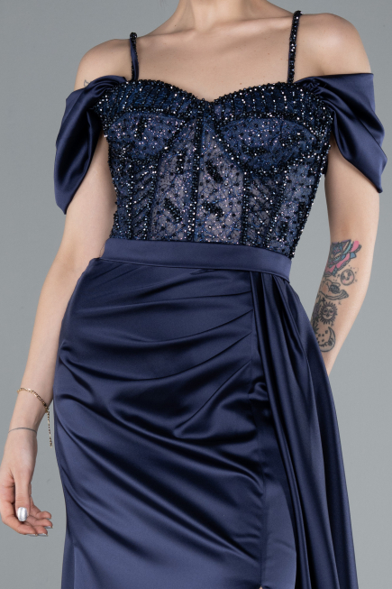 Navy Blue Glittery Underwire Slit Long Satin Evening Gown ABU4801
