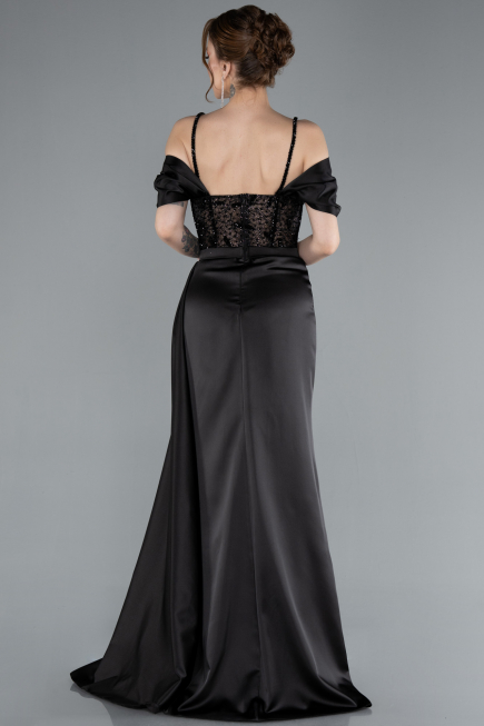 Black Glittery Underwire Slit Long Satin Evening Gown ABU4801