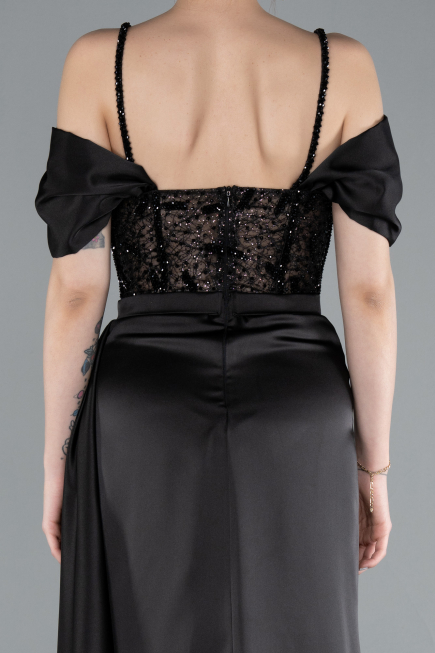 Black Glittery Underwire Slit Long Satin Evening Gown ABU4801