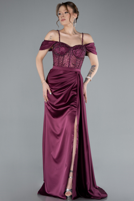 Cherry Colored Glittery Underwire Slit Long Satin Evening Gown ABU4801