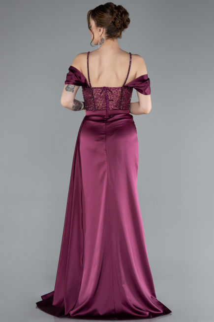 Cherry Colored Glittery Underwire Slit Long Satin Evening Gown ABU4801