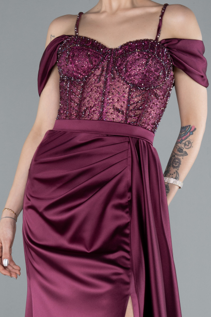 Cherry Colored Glittery Underwire Slit Long Satin Evening Gown ABU4801