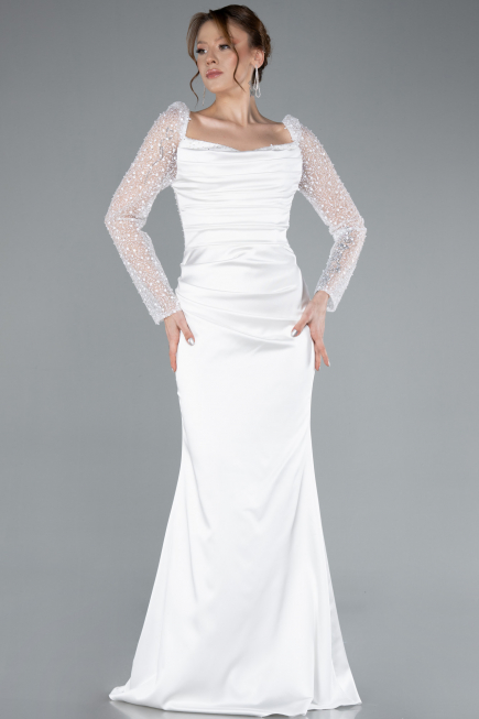White Sequin Long Sleeves Tail Satin Mermaid Evening Gown ABU4332