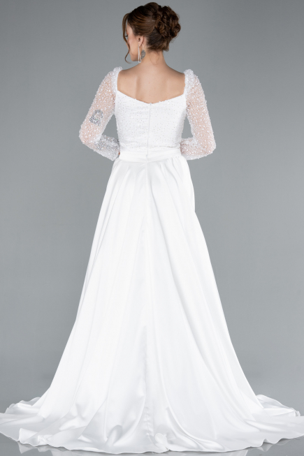 White Sequin Long Sleeves Tail Satin Mermaid Evening Gown ABU4332
