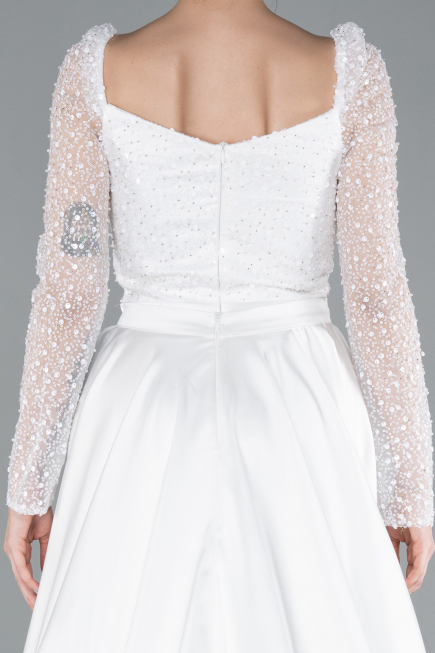 White Sequin Long Sleeves Tail Satin Mermaid Evening Gown ABU4332