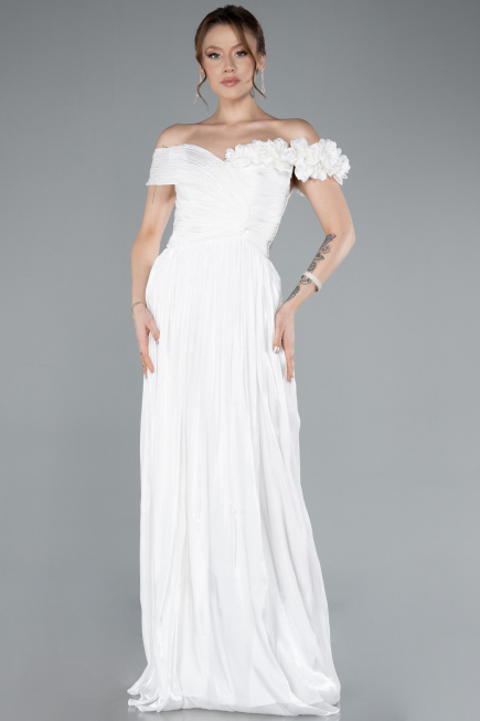 White Boat Neck Long Chiffon Evening Dress ABU4807