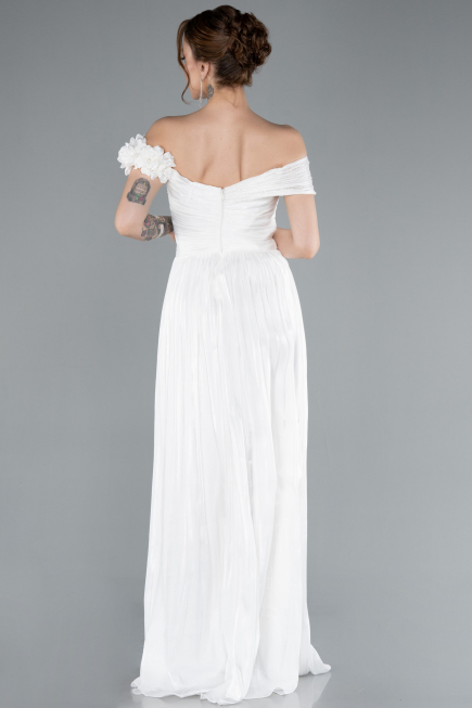 White Boat Neck Long Chiffon Evening Dress ABU4807