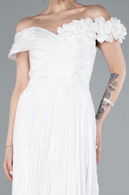 White Boat Neck Long Chiffon Evening Dress ABU4807
