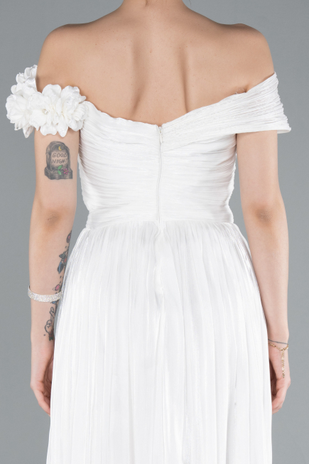 White Boat Neck Long Chiffon Evening Dress ABU4807