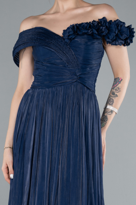 Navy Blue Boat Neck Long Chiffon Evening Dress ABU4807