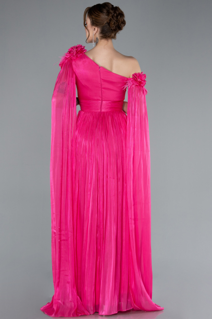 Fuchsia One Shoulder Shawl Sleeve Long Chiffon Evening Dress ABU4809