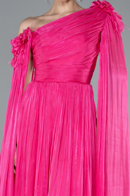 Fuchsia One Shoulder Shawl Sleeve Long Chiffon Evening Dress ABU4809