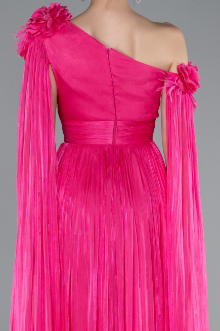 Fuchsia One Shoulder Shawl Sleeve Long Chiffon Evening Dress ABU4809