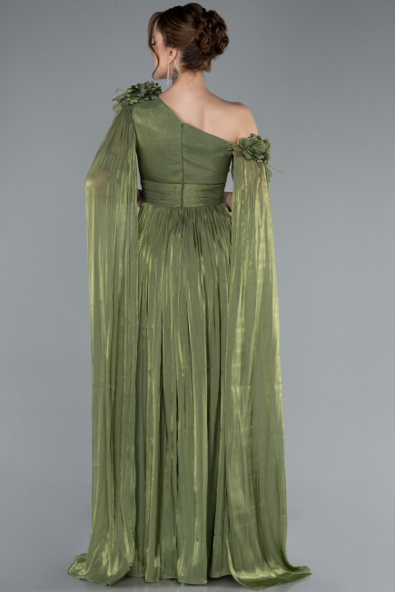 Olive Drab One Shoulder Shawl Sleeve Long Chiffon Evening Dress ABU4809