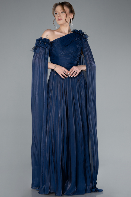 Navy Blue One Shoulder Shawl Sleeve Long Chiffon Evening Dress ABU4809