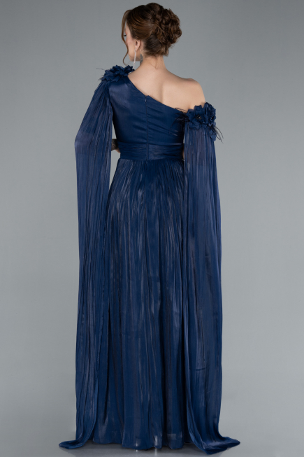 Navy Blue One Shoulder Shawl Sleeve Long Chiffon Evening Dress ABU4809