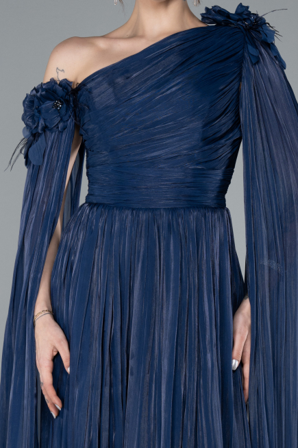 Navy Blue One Shoulder Shawl Sleeve Long Chiffon Evening Dress ABU4809