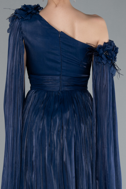 Navy Blue One Shoulder Shawl Sleeve Long Chiffon Evening Dress ABU4809